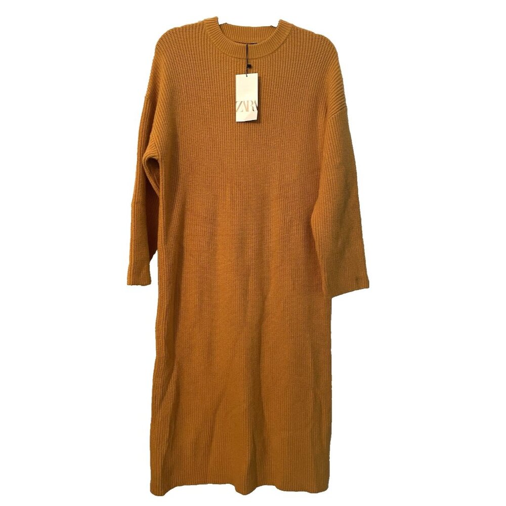 New Zara Women's Mock Neck Long Sweater Dress Small Gold Yellow Minimalist